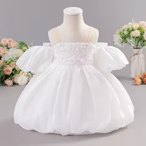 Elegant Bow Baptism Party Baby GirlS Dress Toddler Flower 1st Birthday Princess Prom Gown White Wedding Bridesmaid Dress Evening