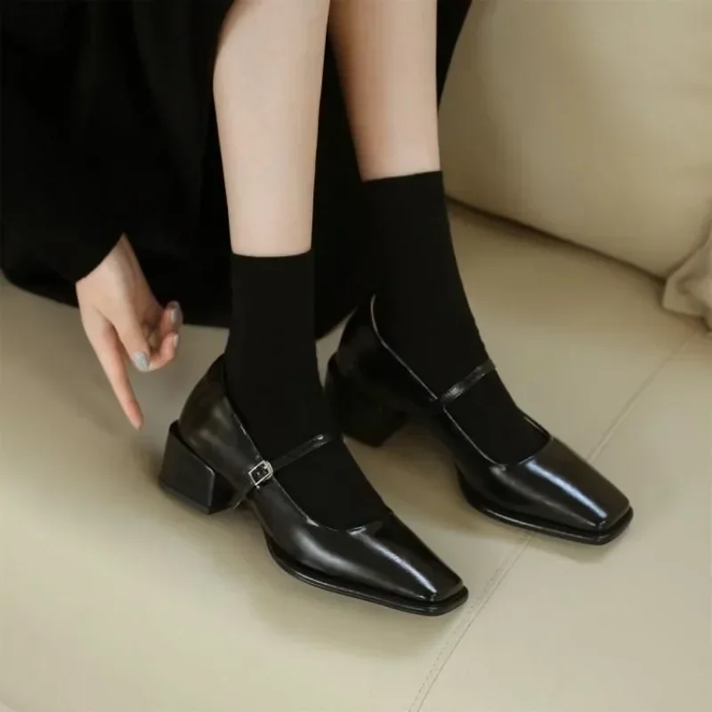 French Mary Jane\'s Shoes Women Pumps Spring Autumn Medium Heel Thick Square Toe Loafers Button Shallow Black Brown Women Heels