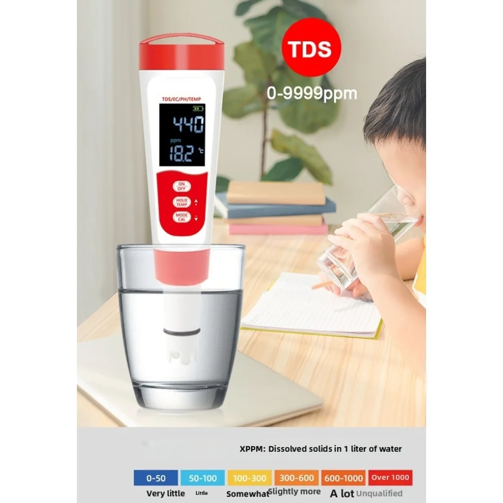 4-in-1 Digital Water Tester Pen for For PH and Temp Measurements Wide Range 0.00-14.00 For PH 0-9999 ppm 0-60 C