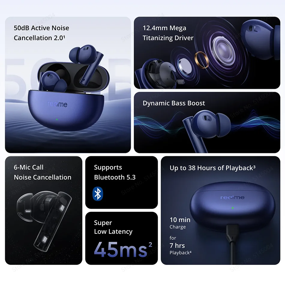 Global Version realme buds Air 5 50dB Active Noise CancellingTWS Earphone Wireless Headphone Bluetooth 5.3 38 Hour Battery