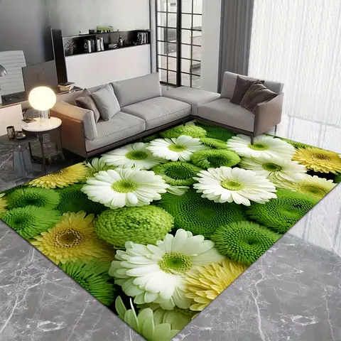 Green Fresh Daisy Moss Print Area Rug, Non-Slip Washable Floor Mat for Living Room Kitchen Bathroom, Nature Style Home Decor