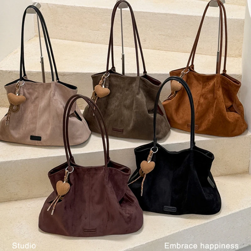Retro Frosted Pleated Shoulder Bag Autumn Winter Large Capacity Commuter Tote Bag Women's Solid Color Stylish Simple Handbag