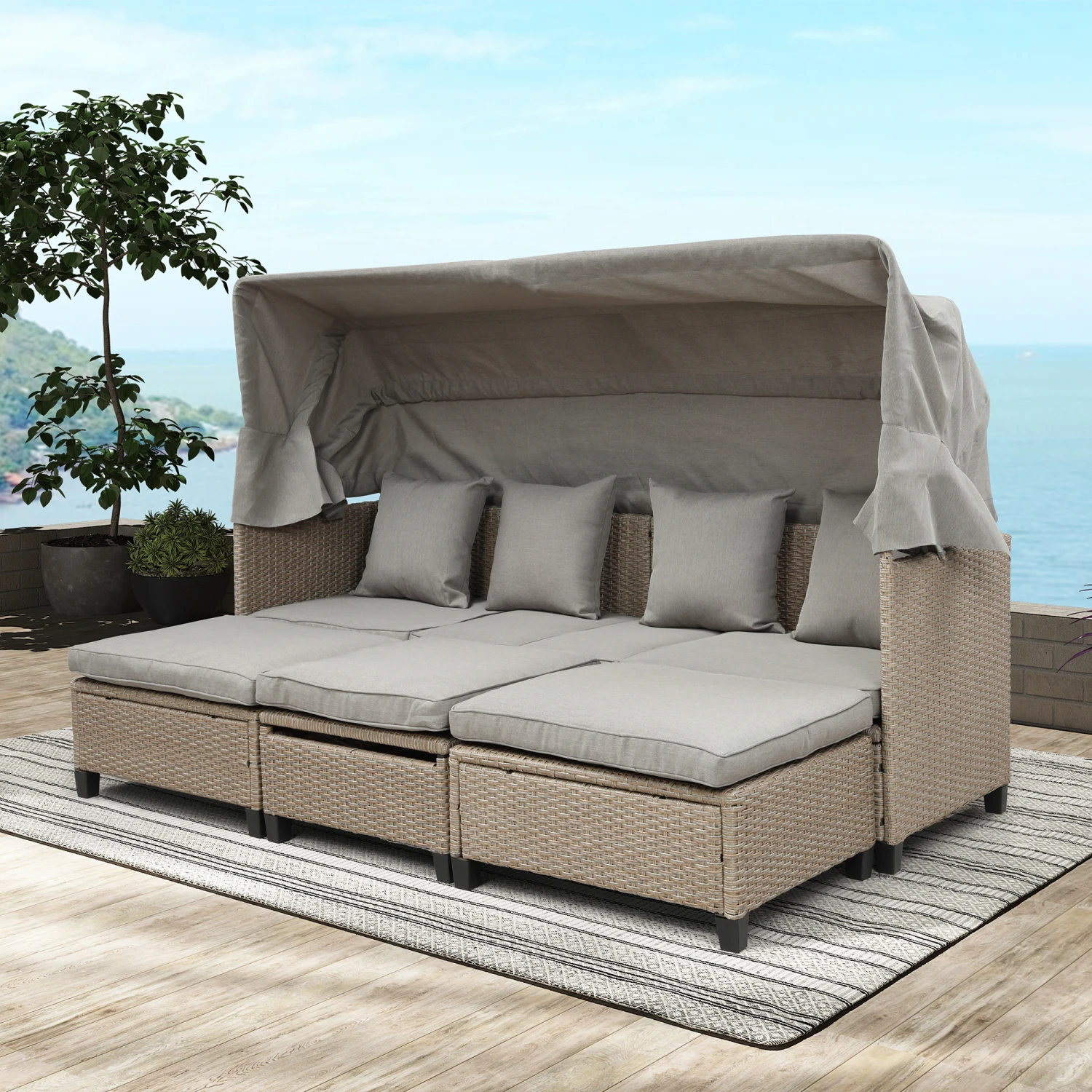 

TOPMAX 4-Piece UV-Proof Wicker Patio Sofa Set with Retractable Canopy, Cushions, Lifting Table - Brown.