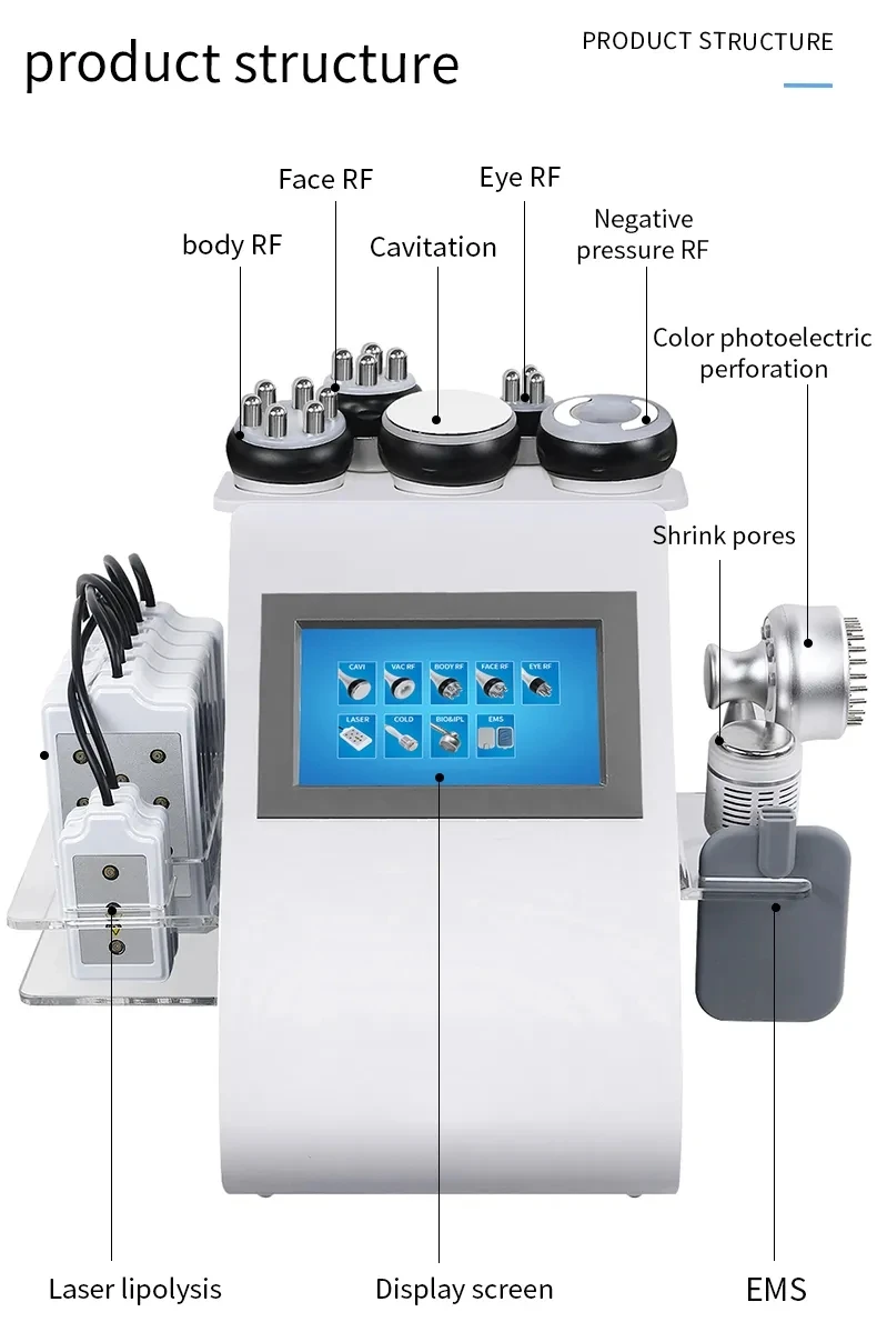 Máquina de cavitación lipoláser 6 en 1, 40K, Rf, radiofrecuencia, estiramiento de la piel, lipocavitación, quemador de grasa, adelgazamiento corporal