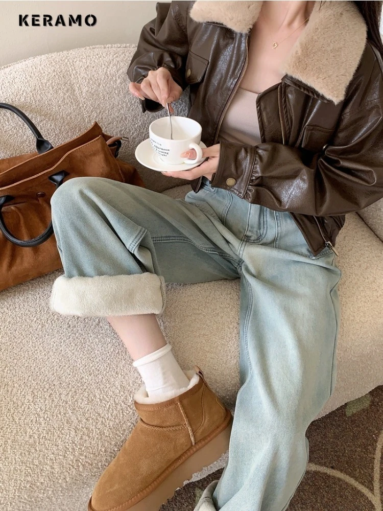 

2025 Winter Women's Casual Warm Retro Full Length Baggy Denim Trouser Light Blue Loose Jeans Straight Y2K 2000s Thick Pants