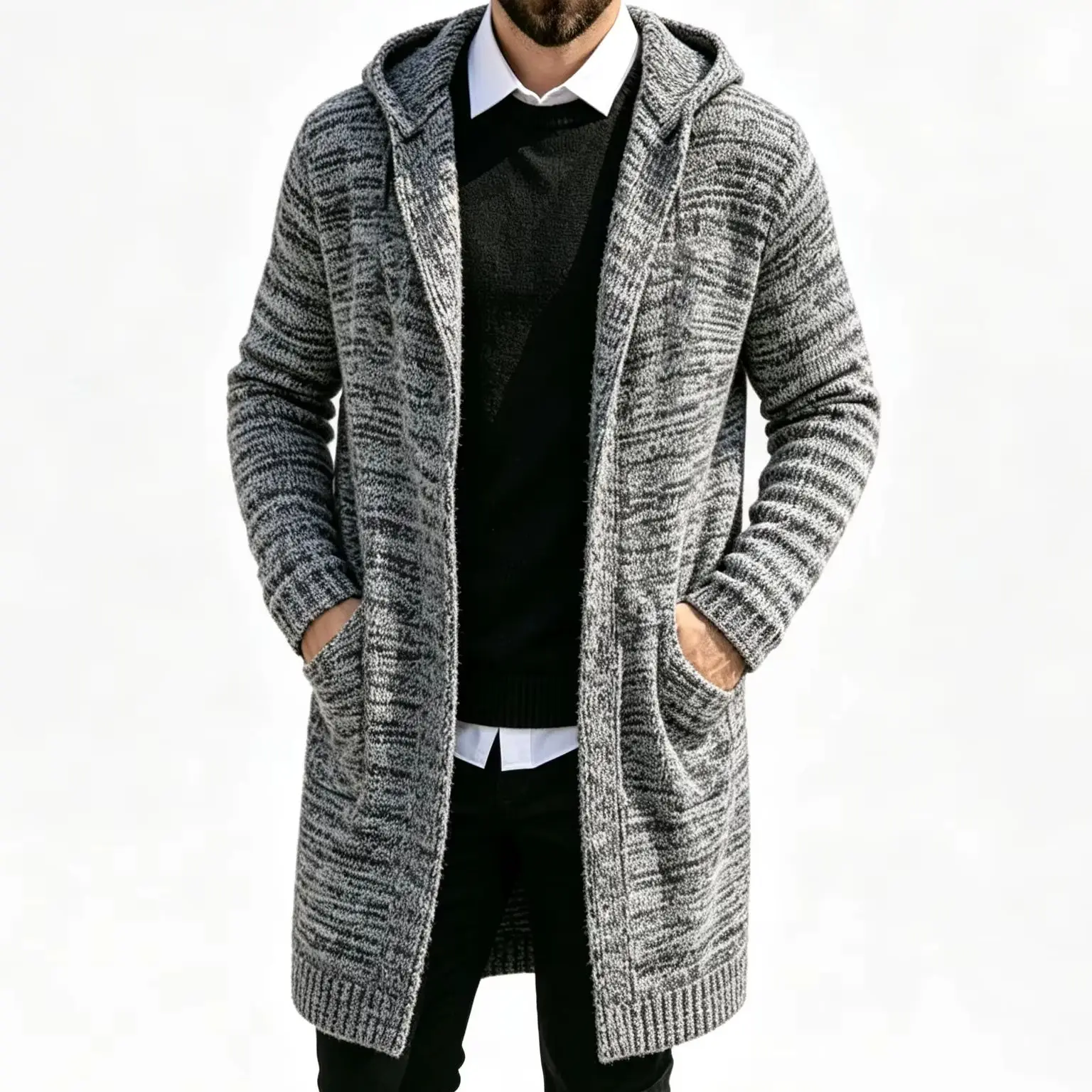 Herren Langer Kapuzen-Strickcardigan mit Offener Front, Pullover-Mantel mit Taschen, Lässiger Loser Langarm-Strickpullover für Herbst und Winter – Detail 1