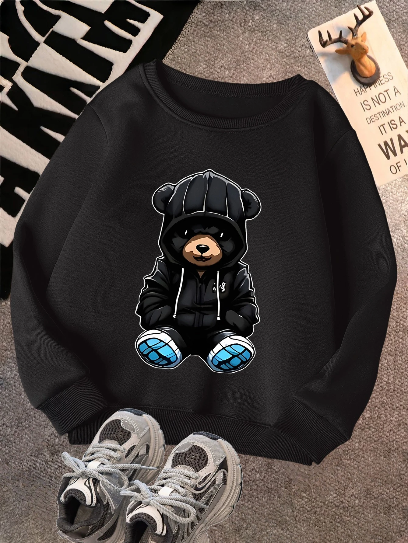 

Cartoon Bear Pattern Print Autumn and Winter Men's and Women's Long Sleeved Sportswear Casual Loose Outdoor Street Sports