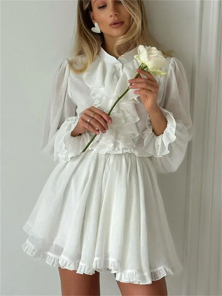 

Белое элегантное мини-платье с рюшами для женщин, лоскутное прозрачное вечернее платье с высокой талией и длинными рукавами, женское весеннее платье