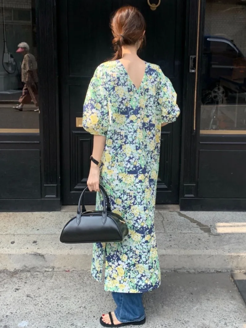 Retro Anti-Aging Two-Way Floral adient Print Loose Bubble Sve Long Dr Women's Summer New Sle Cotton Polyester Blend