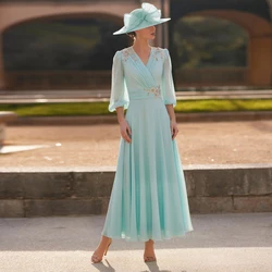 Elegant A-Line Mother of the Bride Dresses V Neck 3/4 Sleeves Wedding Party Gowns Appliques Ankle Length Chiffon فساتين السهرة