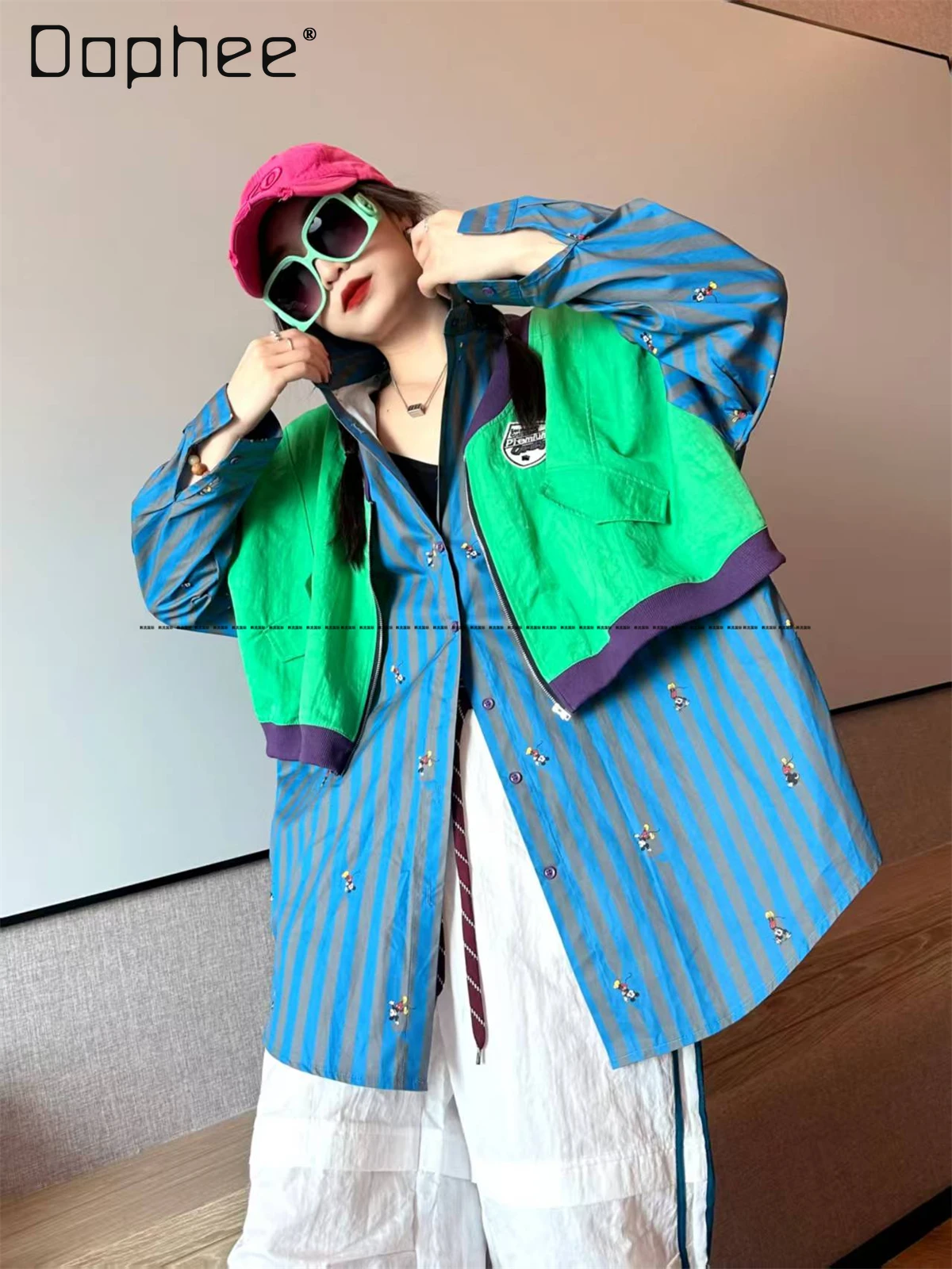 

High-end Loose Striped Shirt for Women Mid-length Boy Friend Style Oversized Cartoon Patch Polo Neck Long Sleeve Shirt for Women