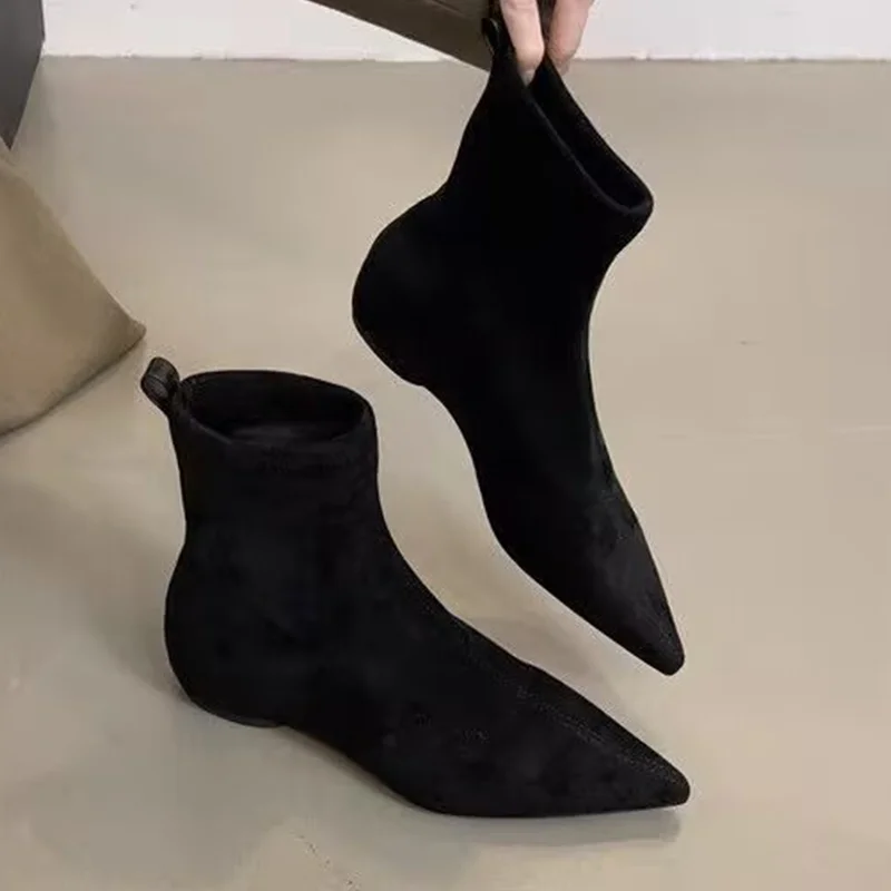 

Flats Ankle Boots for Women's Pointed Toe Fashion Shoes 2025 Suede Winter Boots New Walking Brand Comfort Gothic Mujer Botas