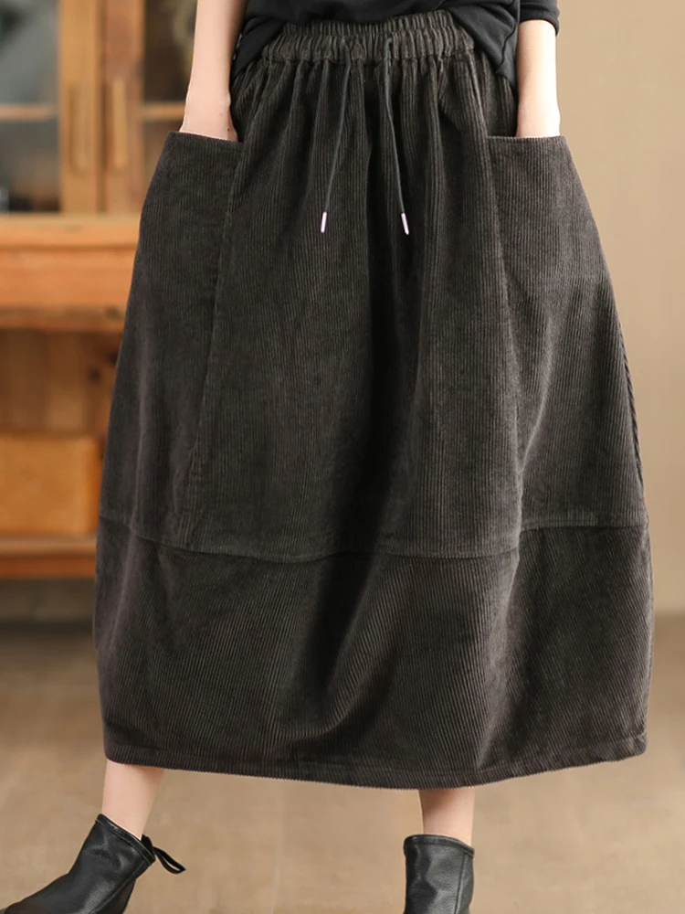 Amax luluE British Fashion Clothes Womens Winter Loose Corduroy Skirts Ladies Leisure Classic Elegant Elastic Waist Streetwear