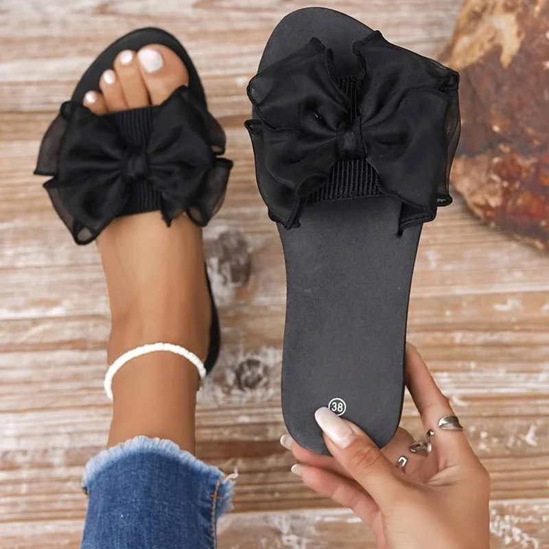 Women's Bowknot Decor Slides, Slip On Lightweight Beach Slides, Non-slip Vacation Flats