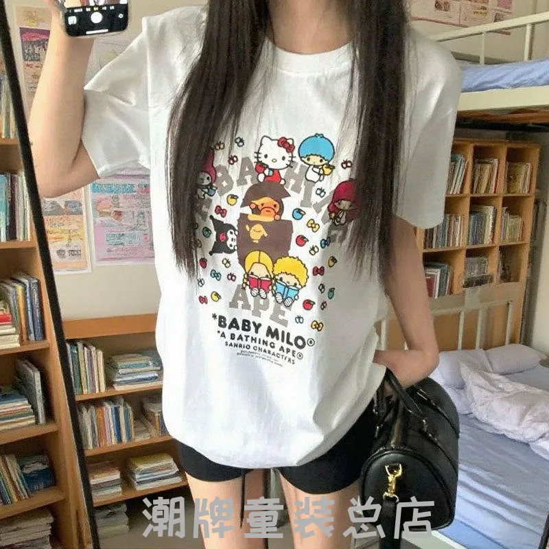 Hello Kitty Short Sleeved T-shirt for Boys and Girls, Pure Cotton Monkey Cartoon Round Neck Comfortable T-shirt
