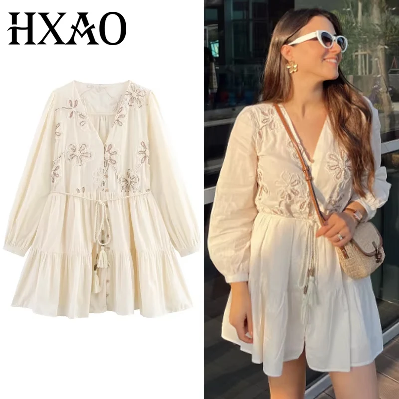 HXAO Woman 2025 Embroidery Short Dresses Pleated Floral Mini Dress Summer Belt Long Sleeve Dresses Boho Beach Elegant Lady Dress