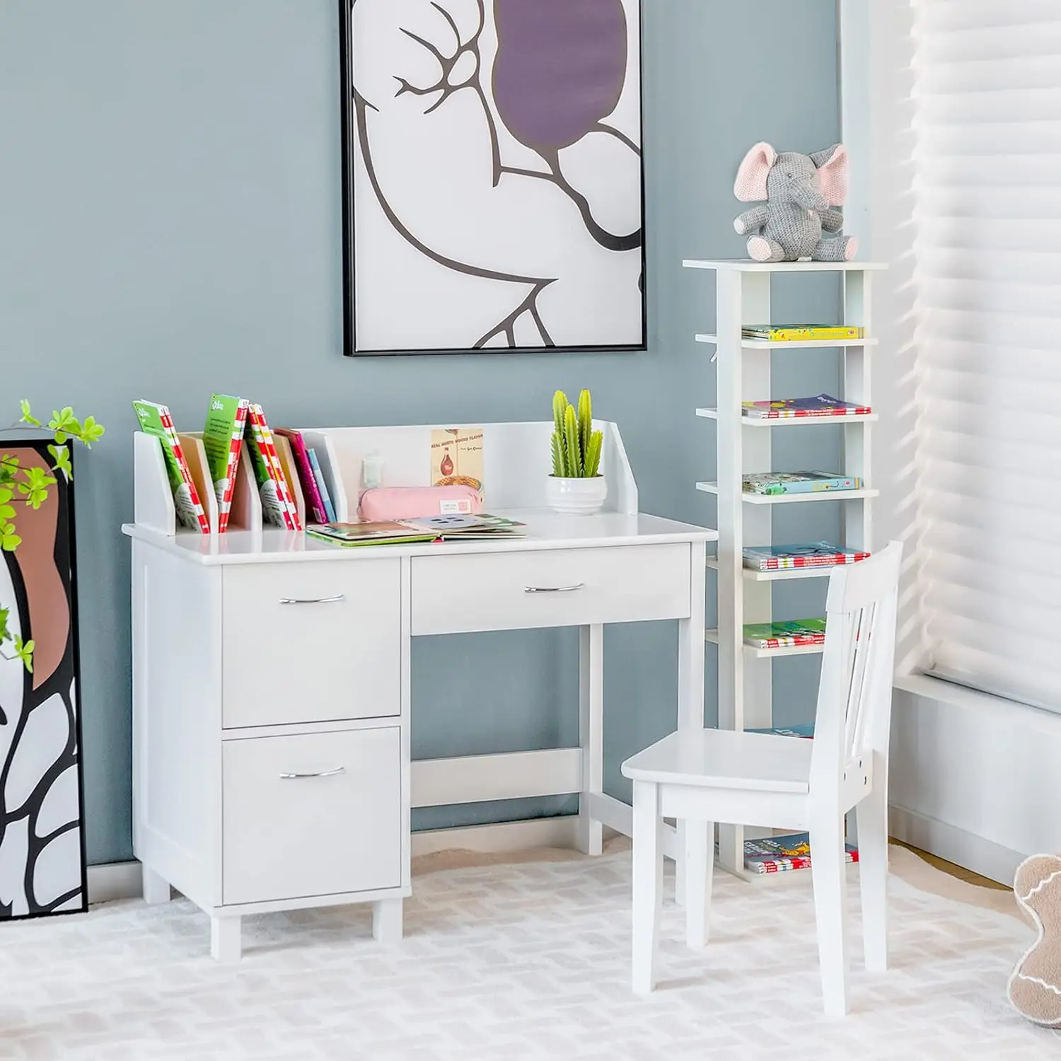 Kids Desk and Chair Set, Children Wooden School Learning Table w/Drawer & Storage Cabinets, Student Writing Computer Workstation