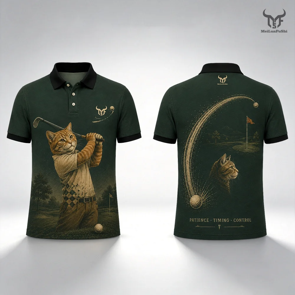 Vintage Lustiges Golf-Katzen-Print Poloshirt Sommer Outdoor-Sport Lässig Atmungsaktiv Reversknöpfe Oberteile Herren Mode Trendy Streetwear – Detail 2