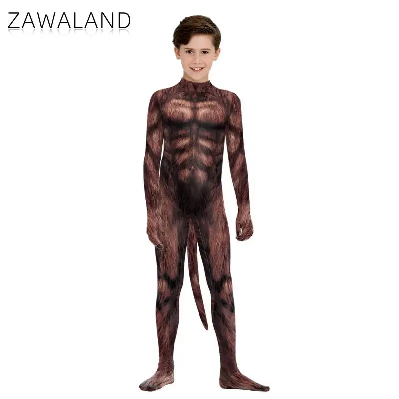 Zawaland Children Animal Bear with Tail Bodysuit Boys Girls Elastic Holiday Funny Cosplay Costume Catsuit Jumpsuit Zentai