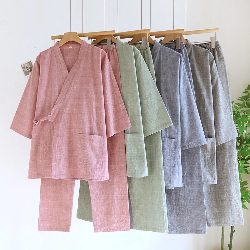 Couple Cotton Kimono Robes Pants Pajamas Clothes Thin Spring and Autumn Home Clothes Loose Casual Men Robe Sets