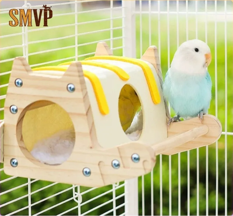 

Solid Wood Cat Ear Shape with Pole Parrot Wooden House Warm Bird's Nest Bird Cage Bird Toys