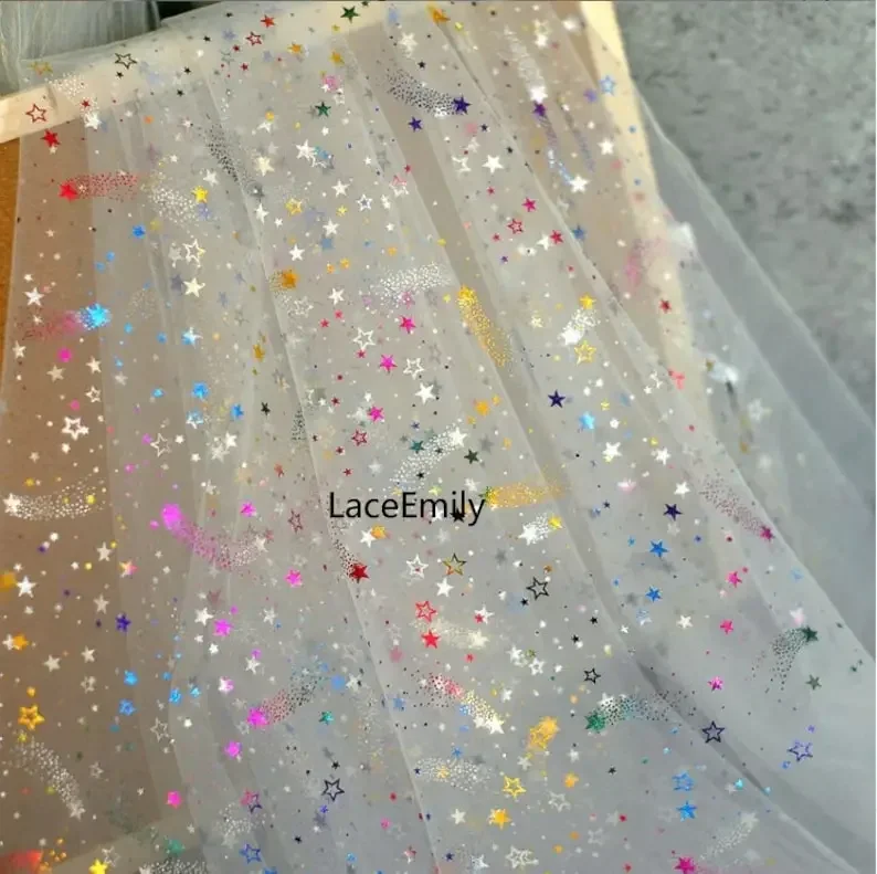 

9 Colors Glitter print rainbow star lace fabric Colored stars tulle Fabric For Baby Tutu Dress, Gowns, Wedding Veil