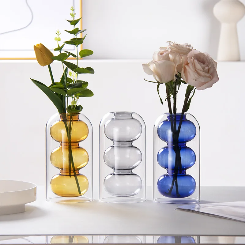Colored Glass Hydroponic Flower Vase, Three-Layer Geometric Glass Floral Vase, Modern Bubble Glass Vase for Home Decor, Wedding