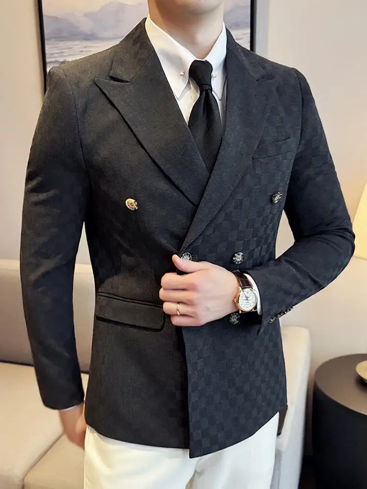 Veste de costume à carreaux à double boutonnage pour hommes, costume d'affaires décontracté, tendance, mince, nouveau style, 3-A49, 2024