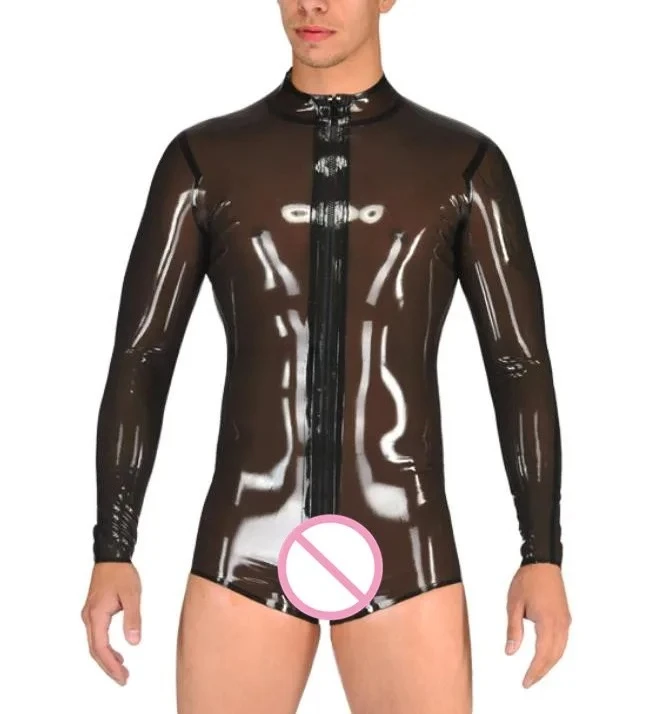 

Natural Rubber Top and Shorts Transparent black Men Latex Swimsuit Rubber Bodysuit Front Zip Customized