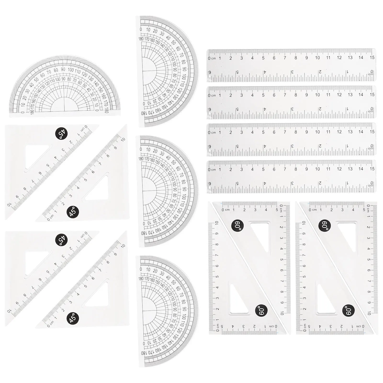 LALAFINA 4 مجموعة مسطرة مثلثة مقاس 15 سم مجموعة مسطرة رسم بلاستيكية للمدرسة والمكتب والمنزل متعددة الوظائف #3