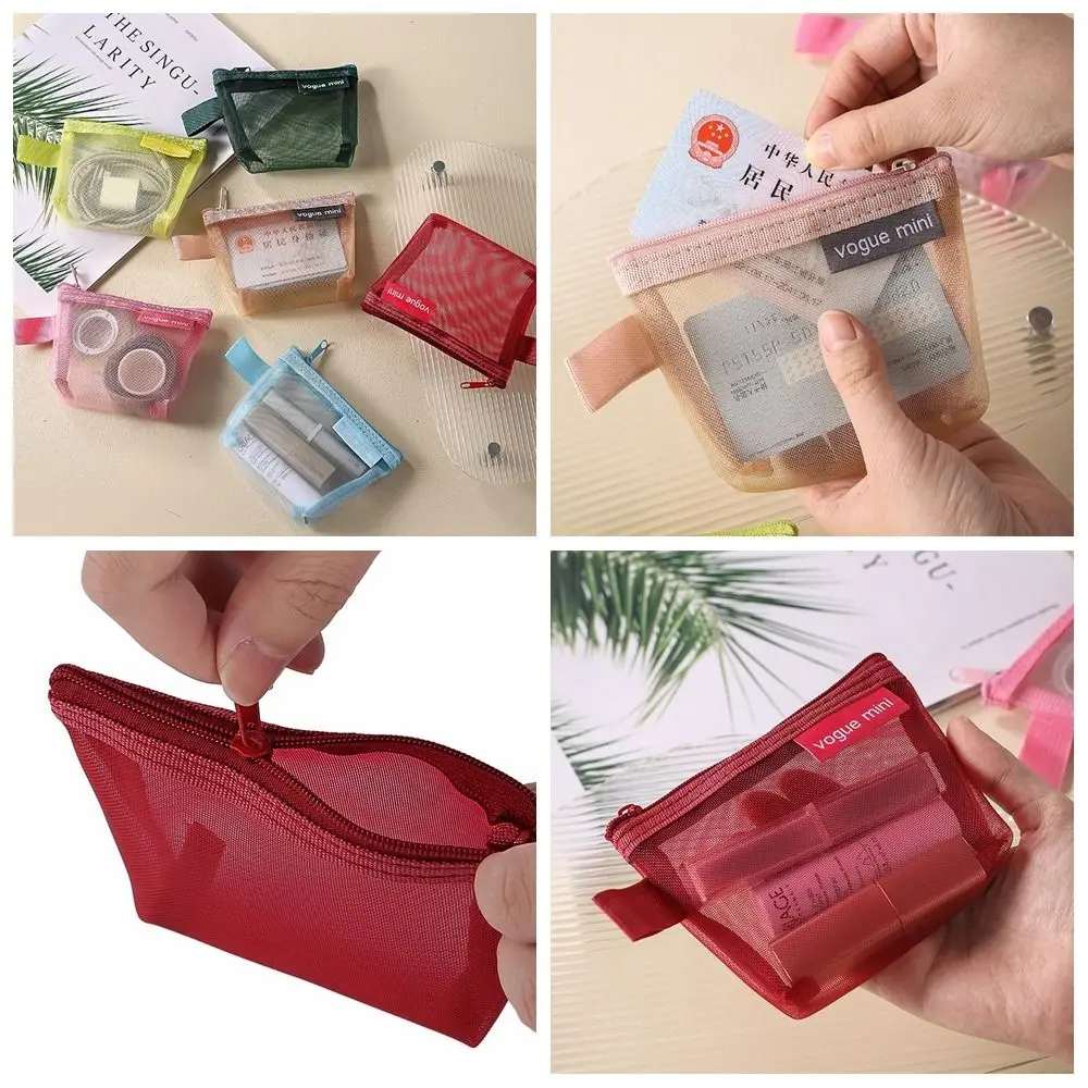 Bolsa de almacenamiento de malla transparente de nailon, bolsa de maquillaje para lápiz labial, Mini monedero, bolsa de artículos pequeños, bolsa de almacenamiento de cables de datos, bolsa de cosméticos