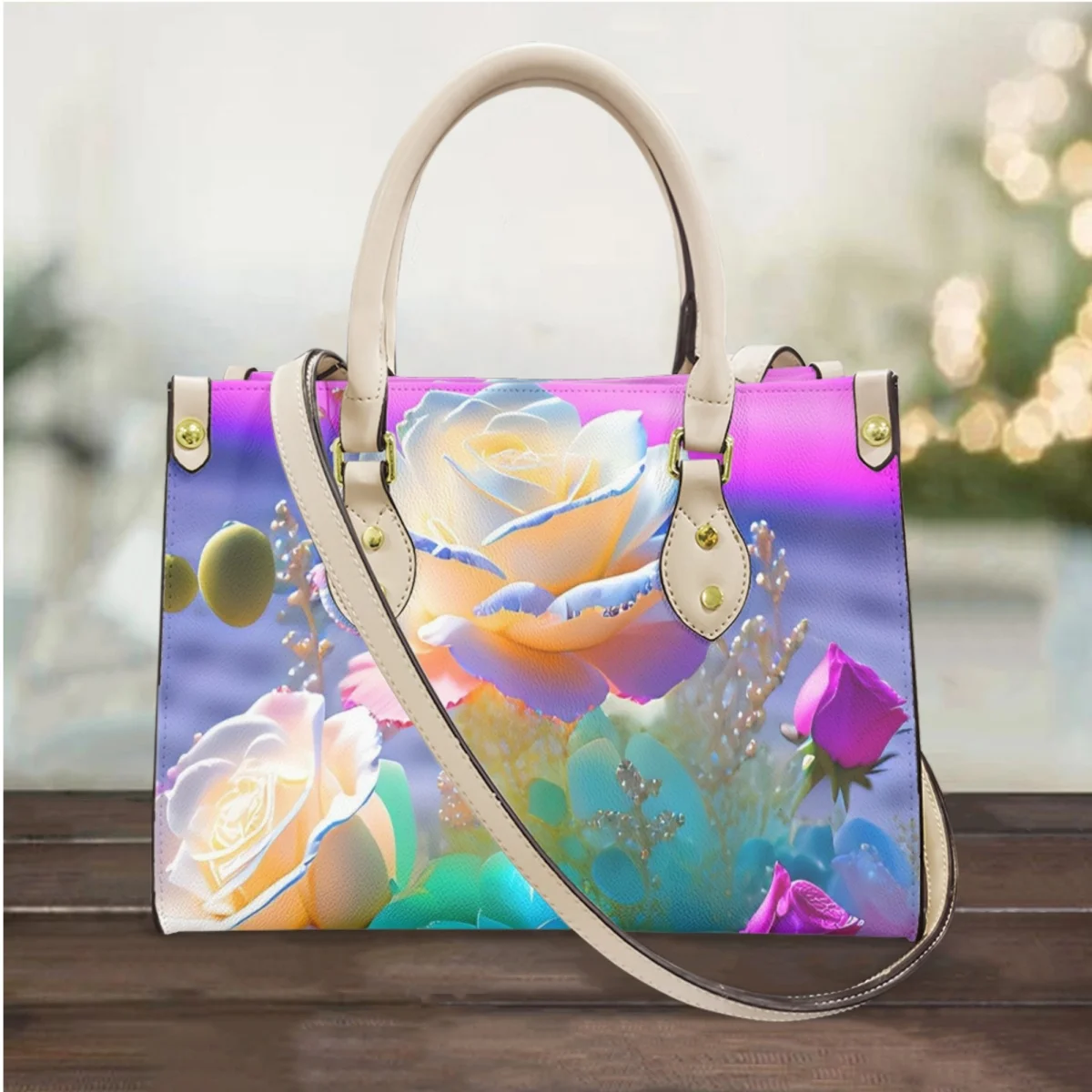 FORUDESIGNS Romantic Rose Flower Handbag Beach Scenery Tote Bag Top Handle Leather Shopping Bag Portable Storage Luxury