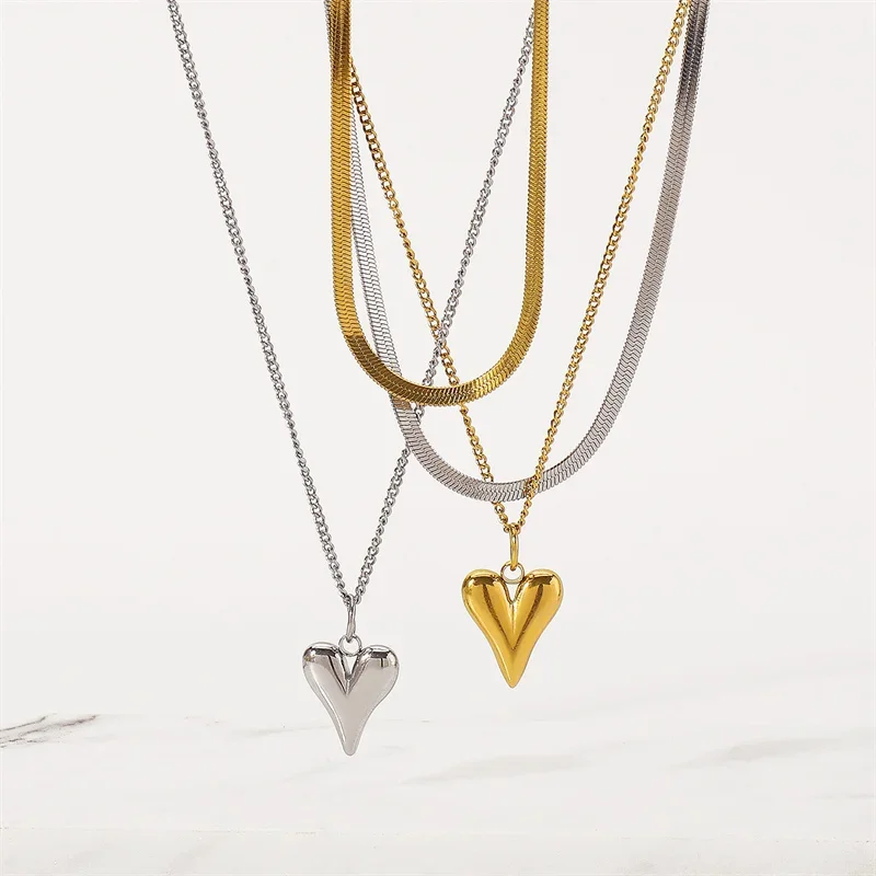 Double Layered Love Heart Pendant Necklace for Women Simple Necklace Chain Jewelry Wholesale image 4