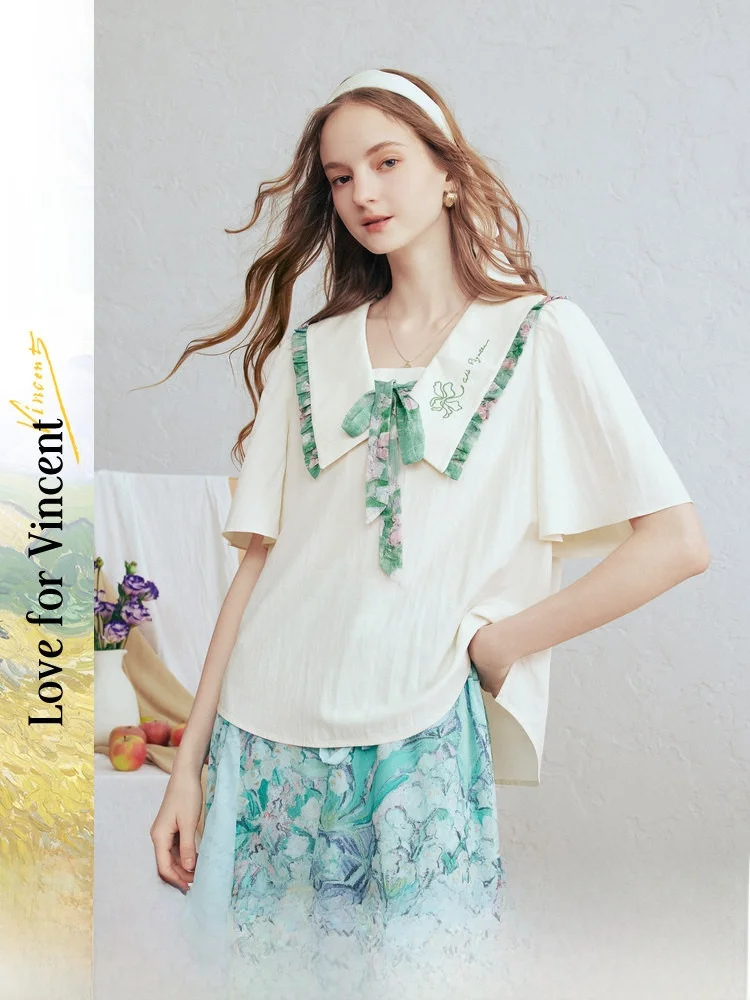 

Sweet Style Printed Lace Trimmed Embroidered Tie Waist Collared Spring New Women's Shirt Vansho Floral Breathable Casual Shirt