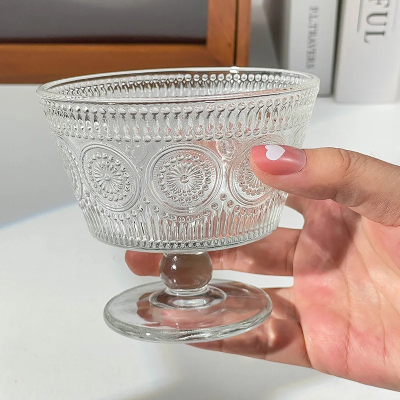 

Vintage Relief Flower Glass Cup Home Ice Cream Dessert Bowl Kitchen Gadgets Cocktail Glass Cup