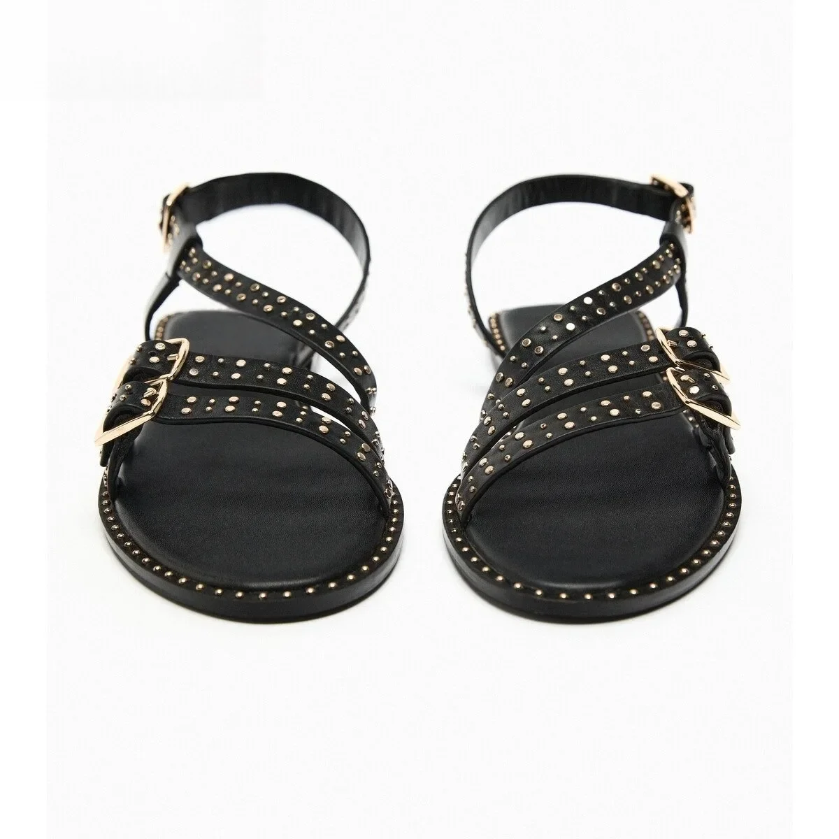 2024 French Retro~Giant Soft Cow Belt Buckle Roman Sandals Women's Open Toe Riveted Rear Tripping women Flat Shoes