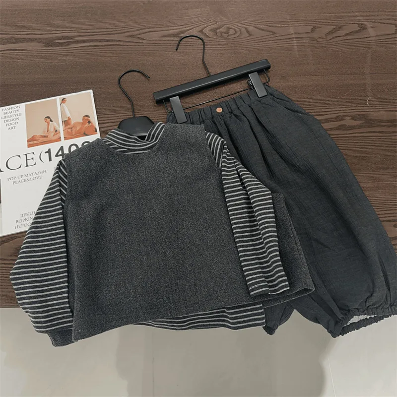Childrens Set Autumn New Girls Fashionable Woolen Vest Striped T-shirt Casual Ankle Pants Three Piece Set Kids Clothes image 6