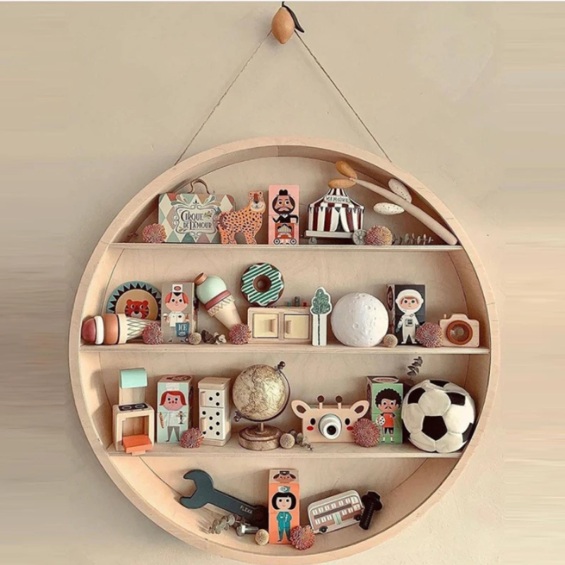 Wooden Wall-mounted display rack Lanyard storage rack Home decoration pendant Wooden shelving Round wall hanging shelf kids Room