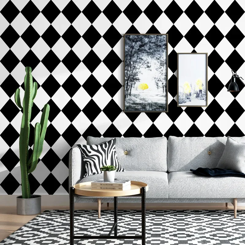 Scandinavische stijl behang ins televisie achtergrond zwart-wit geruite diamant slaapkamer woonkamer moderne eenvoudige woonkamer behang