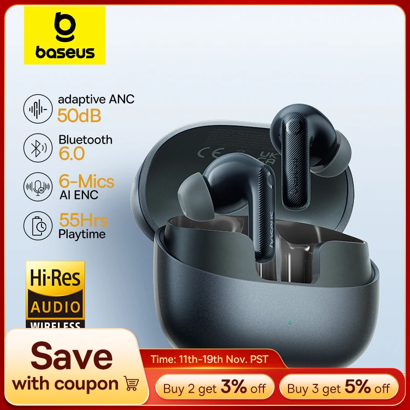 Baseus EP10 Pro ANC Earbuds Wireless Bluetooth 6.0 Earphones 50dB Realtime Adaptive Headphones 6 Mic Hi-Res LDAC IP55  Ear buds