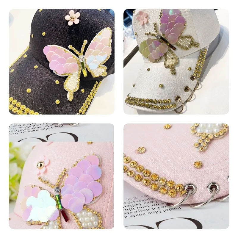 Sequin Baseball Cap for Women Butterfly Kpop Shiny Peaked Caps Summer Mesh Adjustable Outdoor Travel Sunscreen Sun Hat Female
