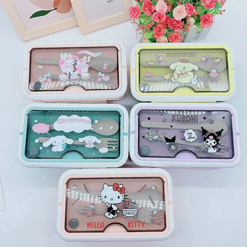 Hello Kitty Kuromi Melody Cinnamoroll Cartoon Plastic Lunch Box With Handheld Multi-compartment Lunch Box Fast Food Box