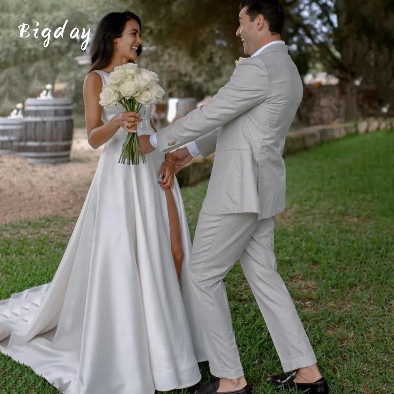 Vestido De novia elegante De línea a con cuello en V para mujer, vestido De novia con espalda abierta, plisado De satén, tirantes finos, tren De barrido