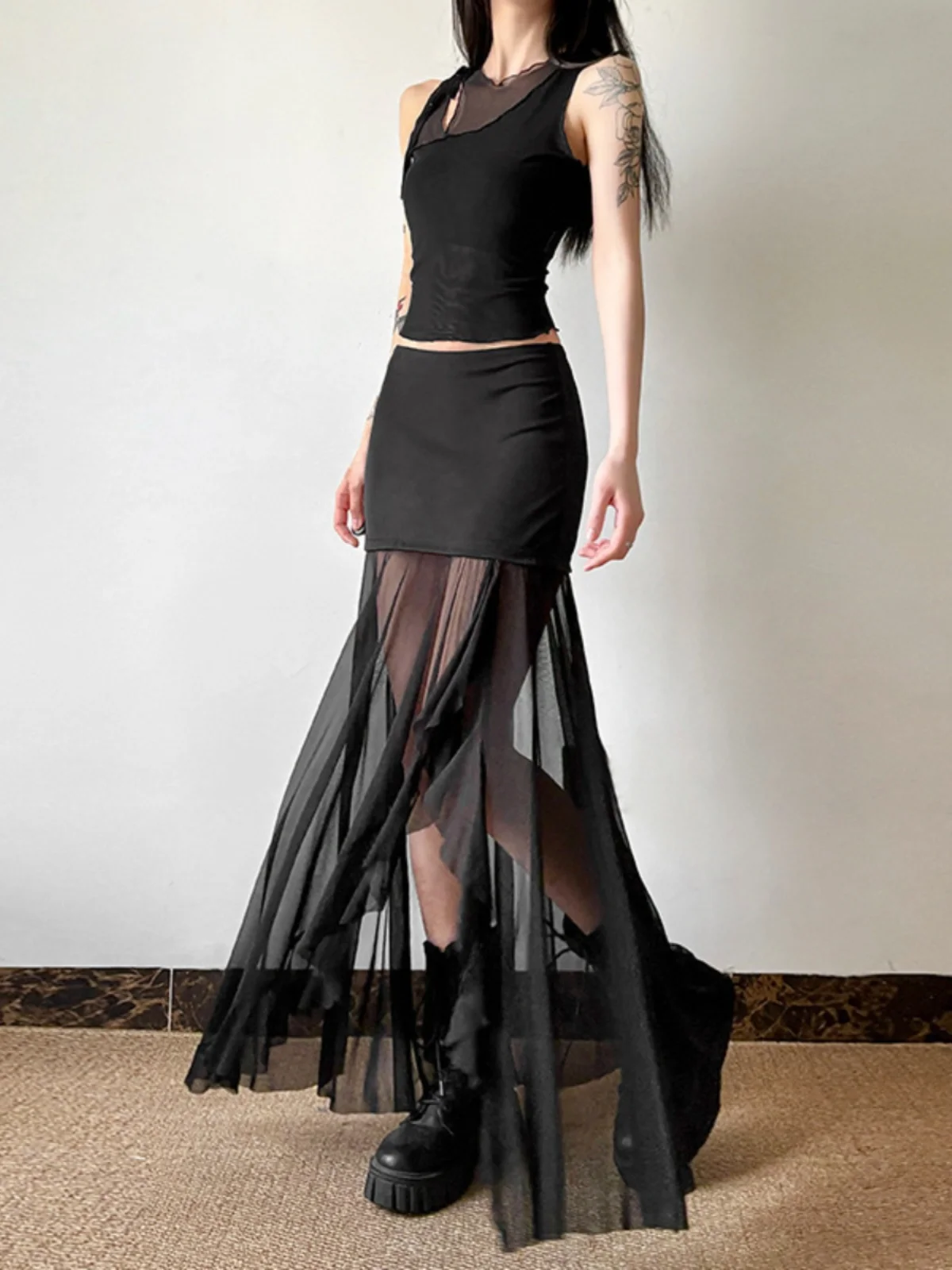 

Street Sle Сексуальная прозрачная длинная юбка длина с разрезом и перспективным дизайном Женская весенняя коллекция Faion из полиэстера