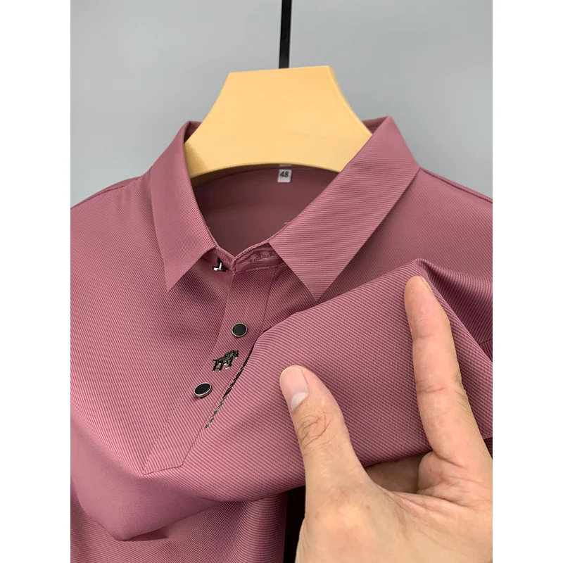 Luxury Polo Shirt Men's Short Sleeve 2023 New Business Casual High-end Lapel Print Solid Ice Silk Hem Split Korean Top M-4XL