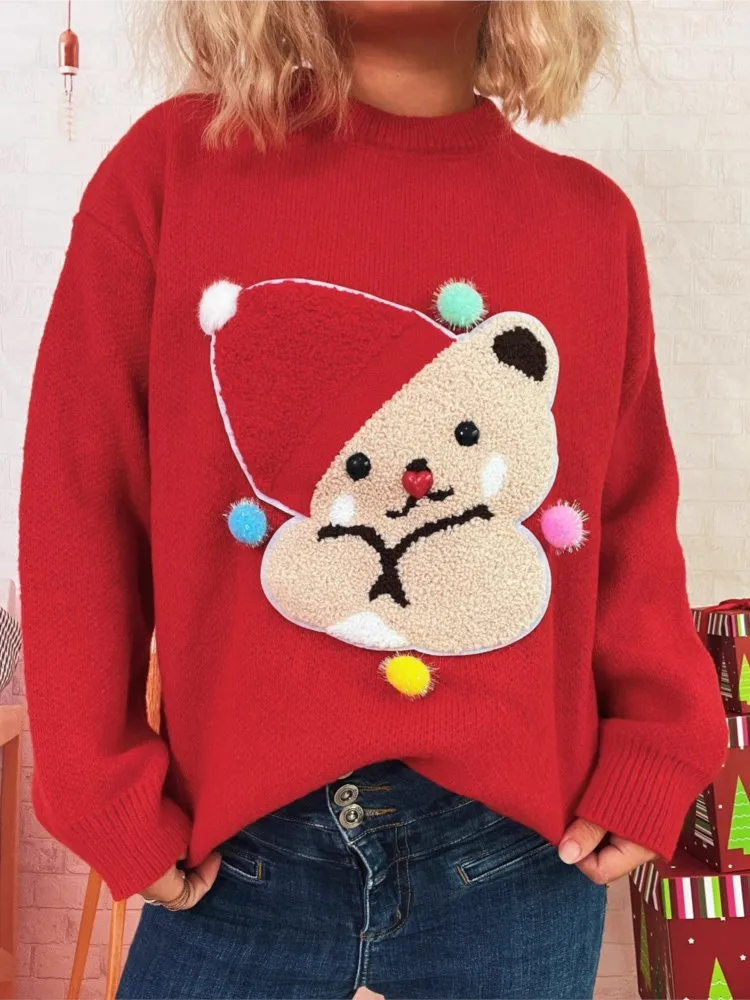 Novo feminino doce dos desenhos animados urso camisola de malha topo outono e inverno elegante em torno do pescoço casual chique camisola de manga comprida