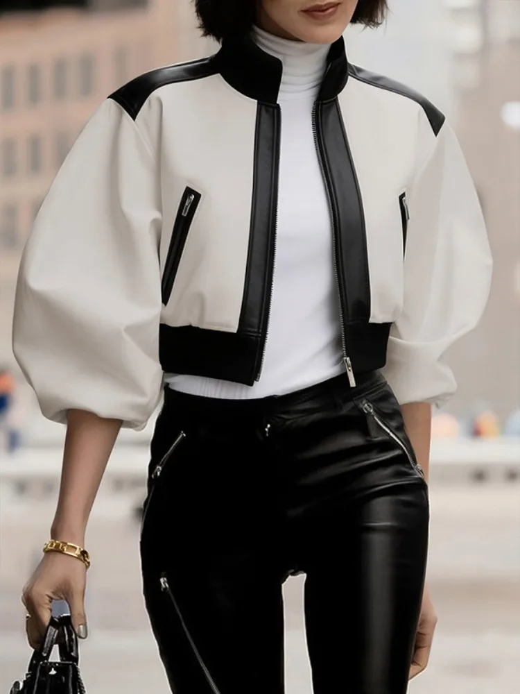 UOOZEE 女性のスタイリッシュなセレクション PU レザージッパージャケット女性パフスリーブスタンドカラーカジュアルトレンディ春秋アウターウェア