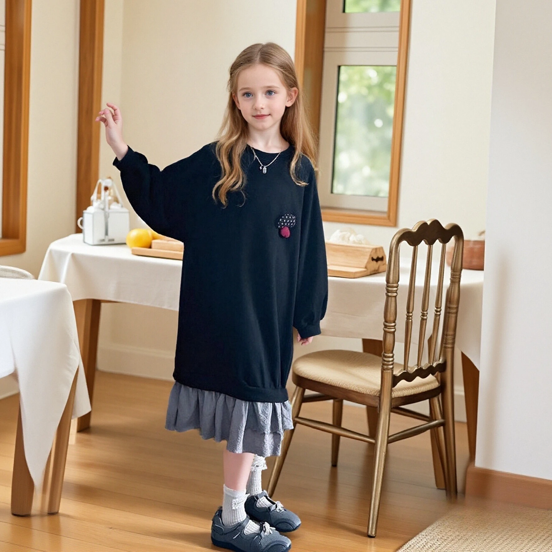 

2026 Spring Girls Dress Long Sleeve Causal Dress Ruffle Patchwork False 2pcs Design Layered Dresses for Teens Age 4 -14 Black