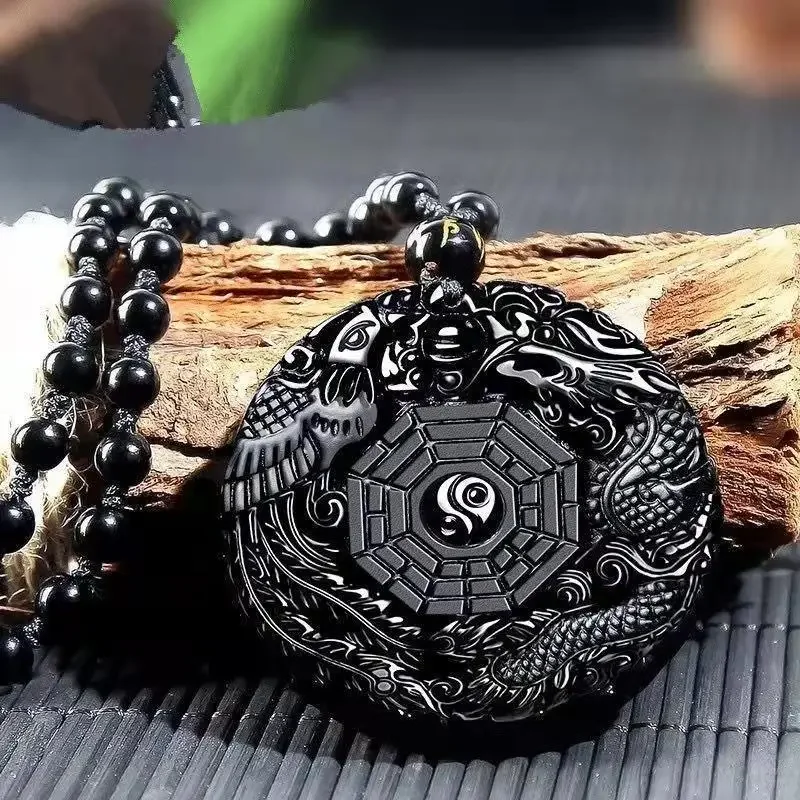 Obsidian Gossip Pendant Necklace Carving Dragon and Phoenix Shape Lucky Amulet Jewelry Six-Character Mantra Pearl Jewelry