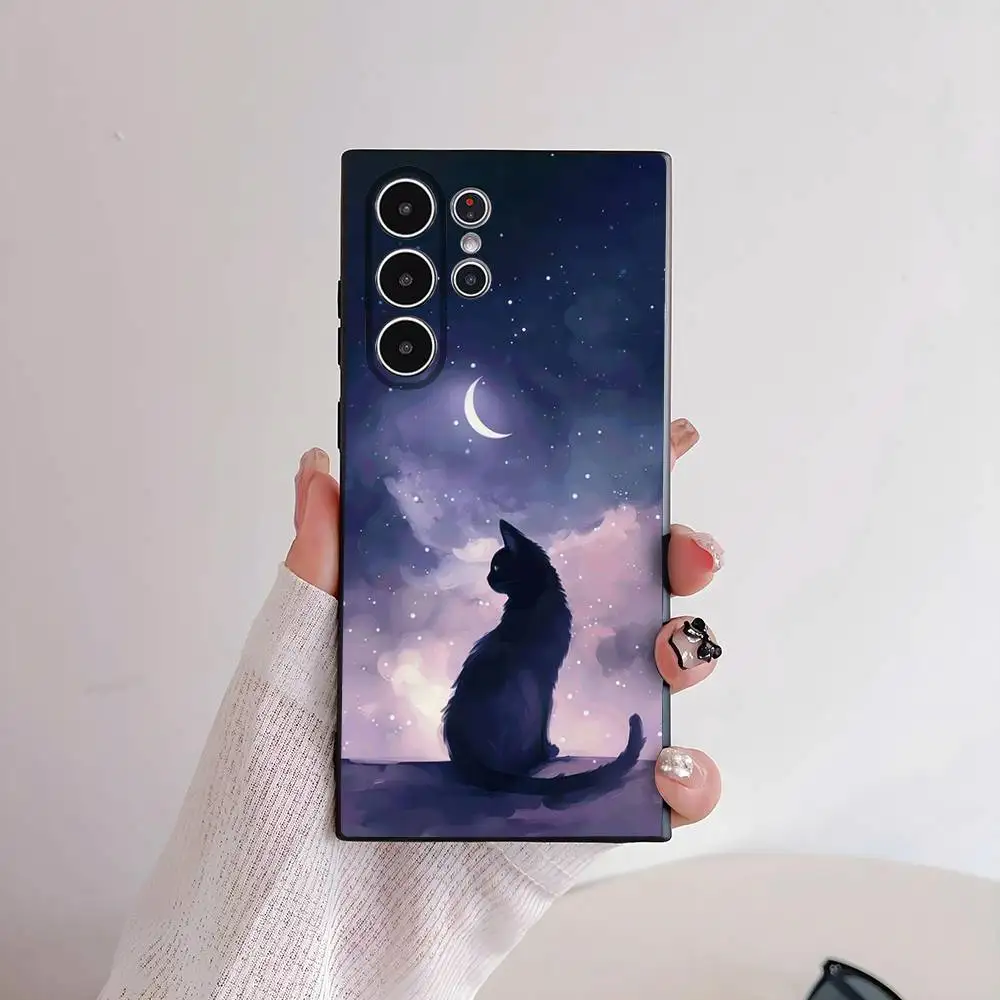 Cartoon Black Cat Art Phone Case Skin-Friendly Soft TPU Case Compatible With Samsung S21/S22/S23/S24/S25 FE/Plus/Ultra